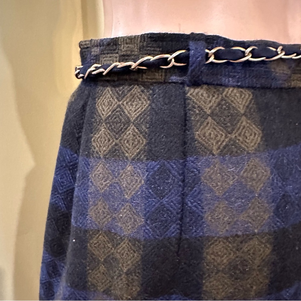 Blue Plaid Women's Wool Pencil Skirt with Chain Detail Size Small